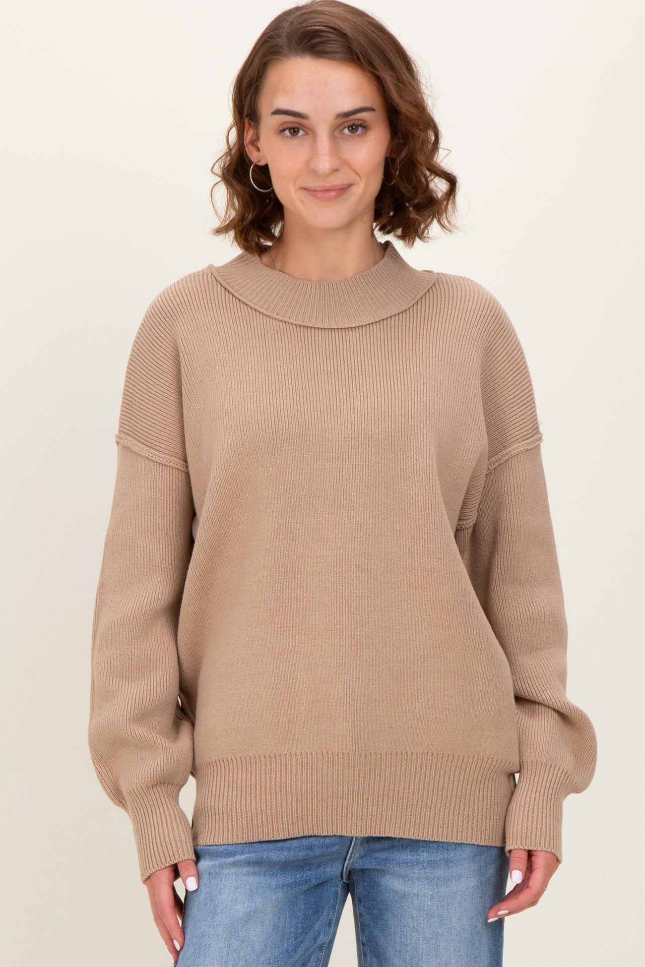 Light Mocha Wide Neck Drop Shoulder Sweater
