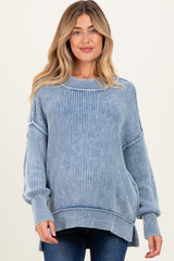 Classic Blue Washed Side Slit Oversized Maternity Sweater