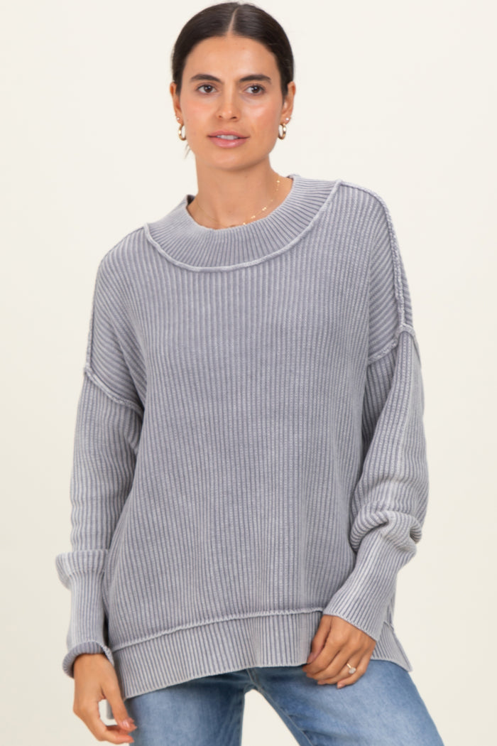 Grey Washed Side Slit Oversized Sweater