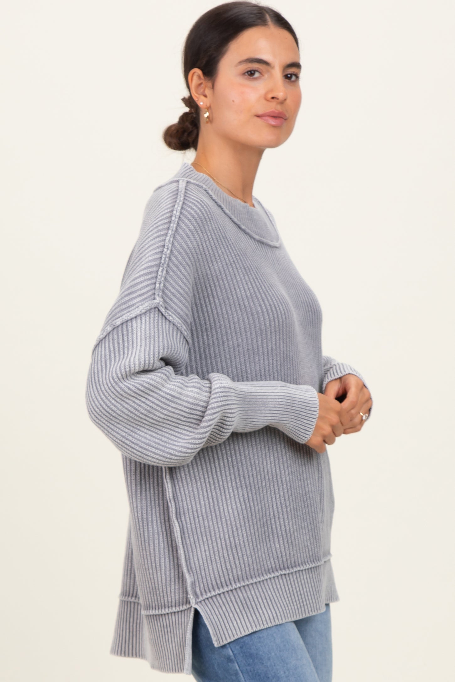 Grey Washed Side Slit Oversized Sweater