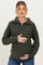 woman wearing a dark green maternity sweater with a half-zip collar and holding her baby bump