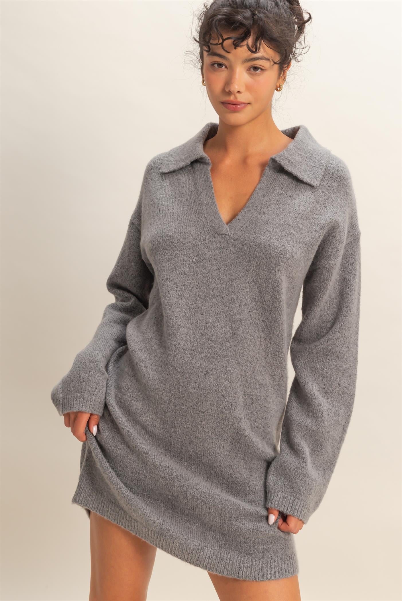 Heather Grey Long Sleeve Polo Sweater Dress