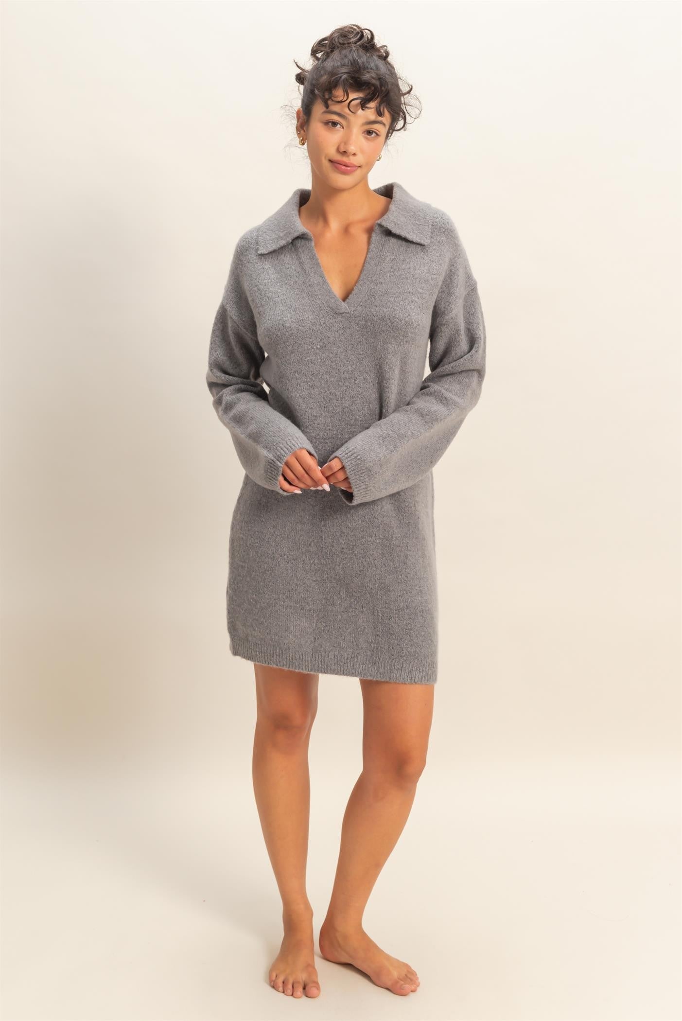 Heather Grey Long Sleeve Polo Sweater Dress