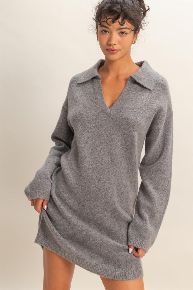 Heather Grey Long Sleeve Polo Maternity Sweater Dress