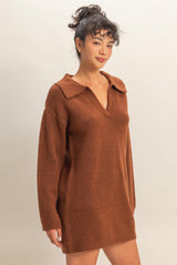 Brown Long Sleeve Polo Sweater Dress