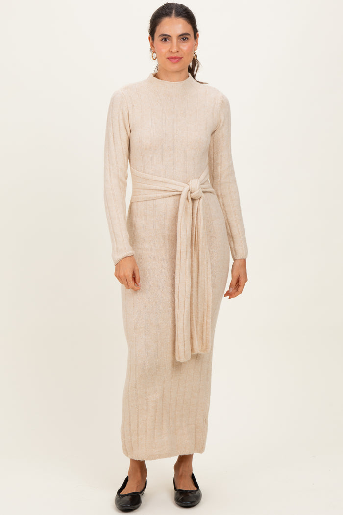 Cream Ribbed Front Tie Maternity Maxi Sweater Dress