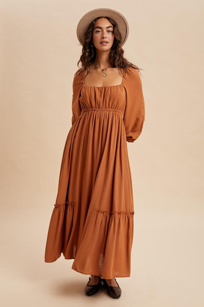 Rust Square Neckline Bubble Sleeve Maxi Dress