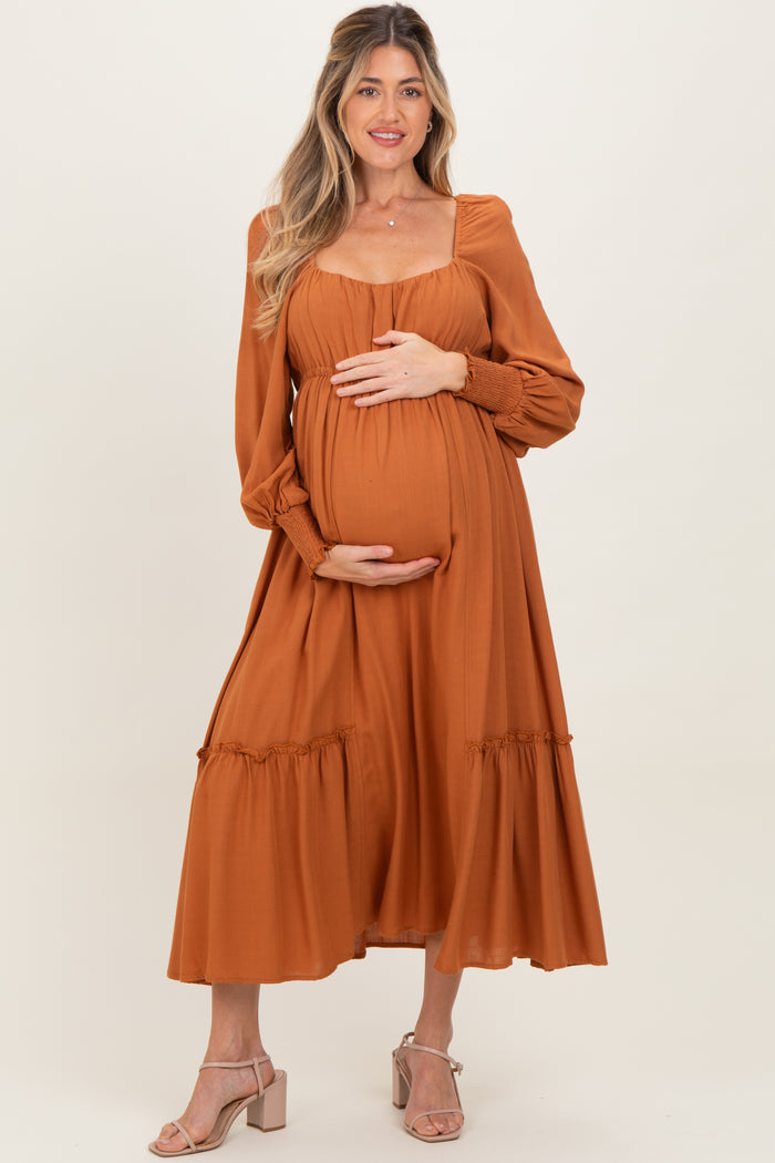 Rust Square Neckline Bubble Sleeve Maternity Maxi Dress