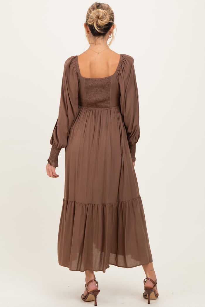 Mocha Pleated Bodice Long Sleeve Maternity Maxi Dress