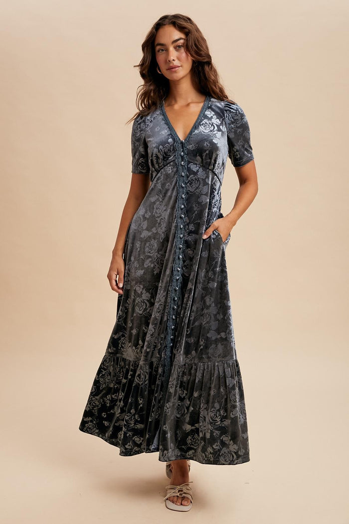 Blue Grey Velvet Floral Button Down Maternity Maxi Dress
