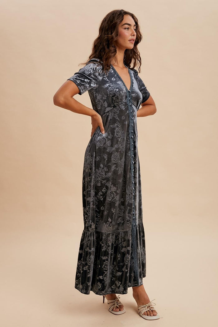 Blue Grey Velvet Floral Button Down Maxi Dress