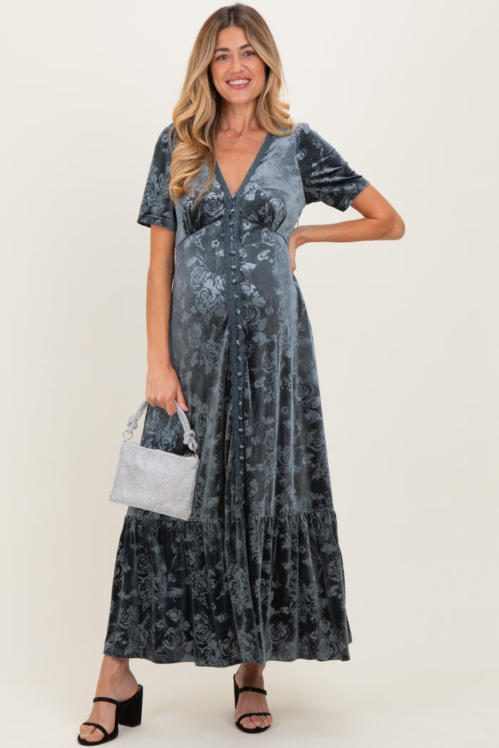 Blue Grey Velvet Floral Button Down Maternity Maxi Dress