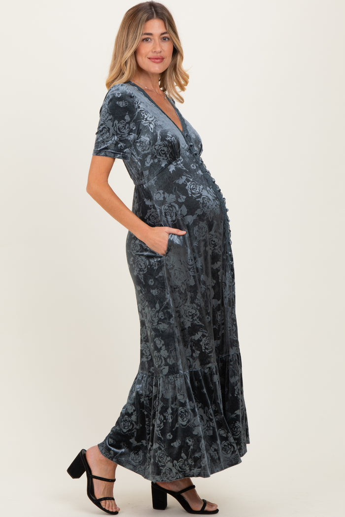 Blue Grey Velvet Floral Button Down Maternity Maxi Dress