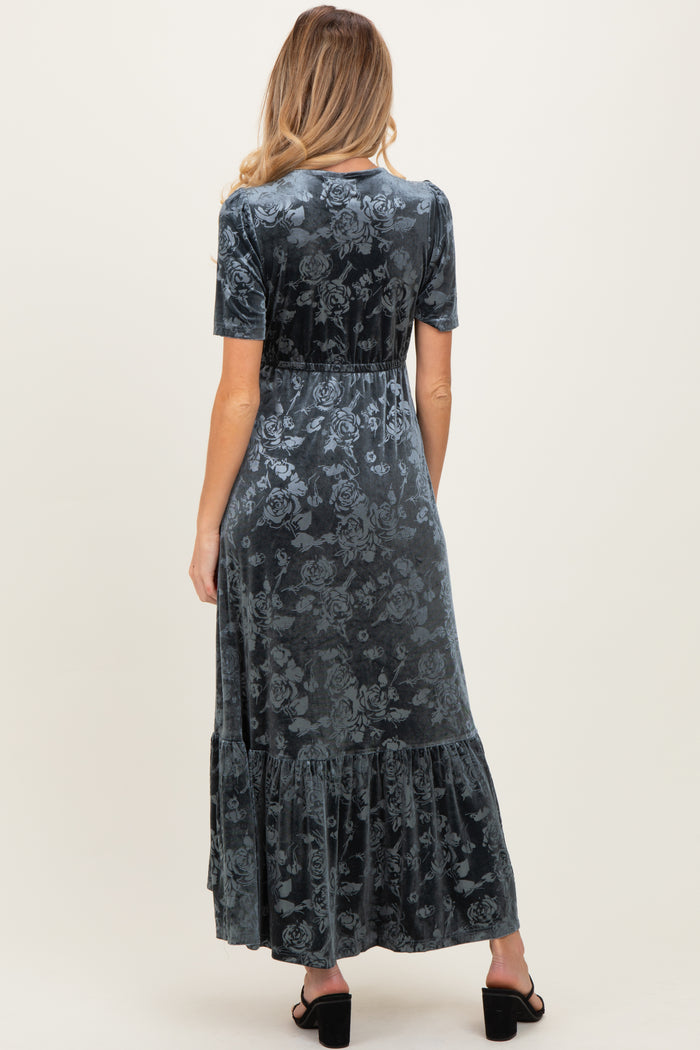 Blue Grey Velvet Floral Button Down Maternity Maxi Dress