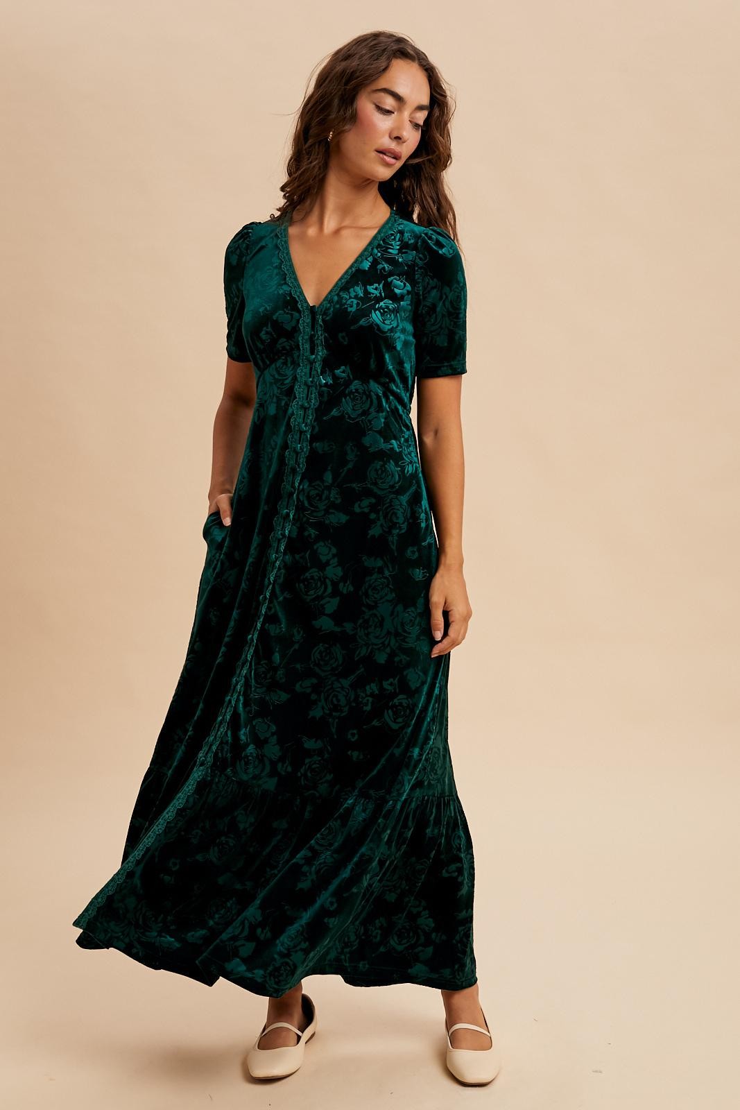 Forest Green Velvet Floral Button Down Maternity Maxi Dress