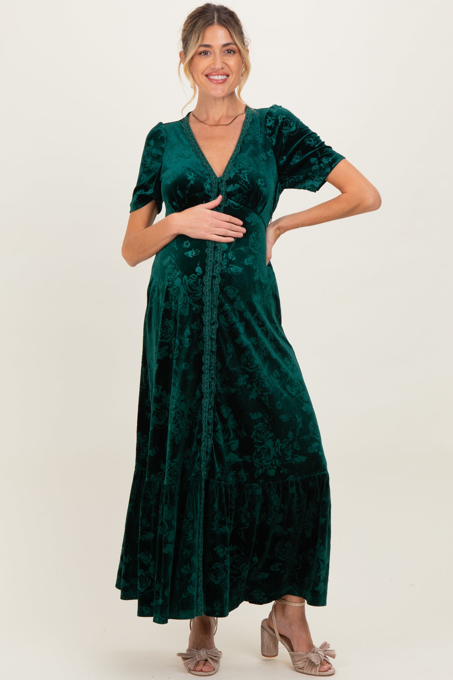 Forest Green Velvet Floral Button Down Maternity Maxi Dress
