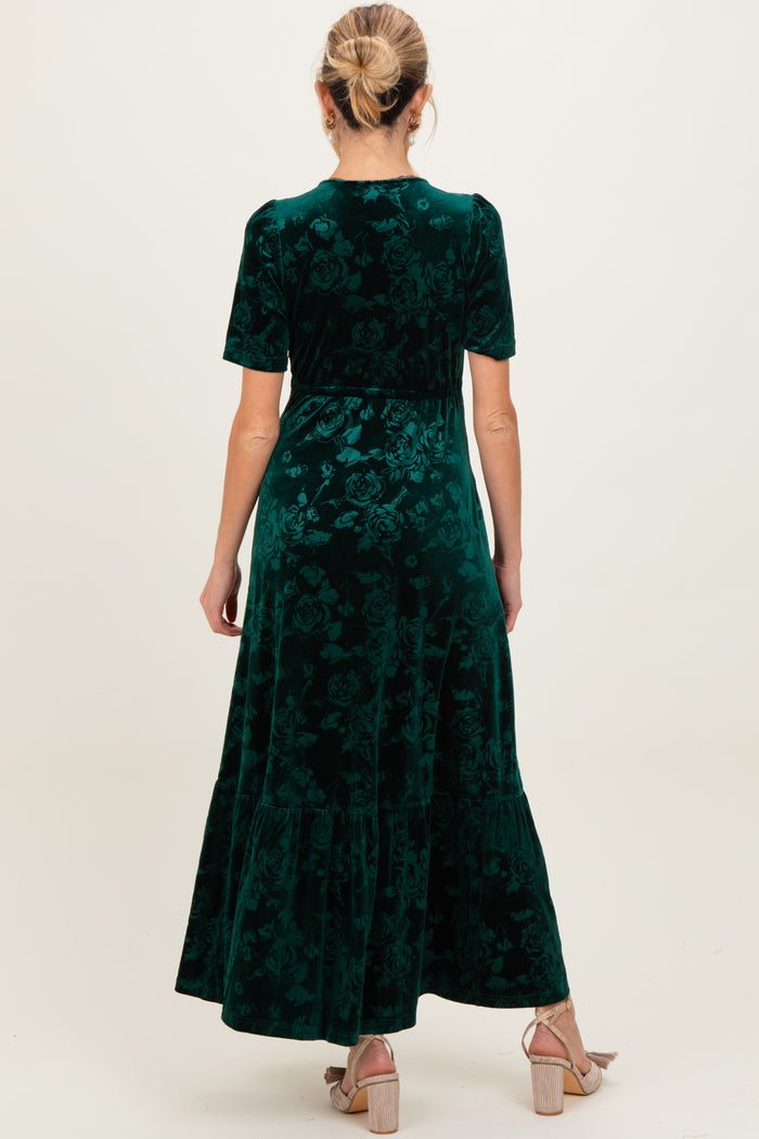 Forest Green Velvet Floral Button Down Maternity Maxi Dress