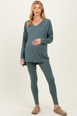 Olive Brushed Knit Maternity Oversized Top and Legging Set