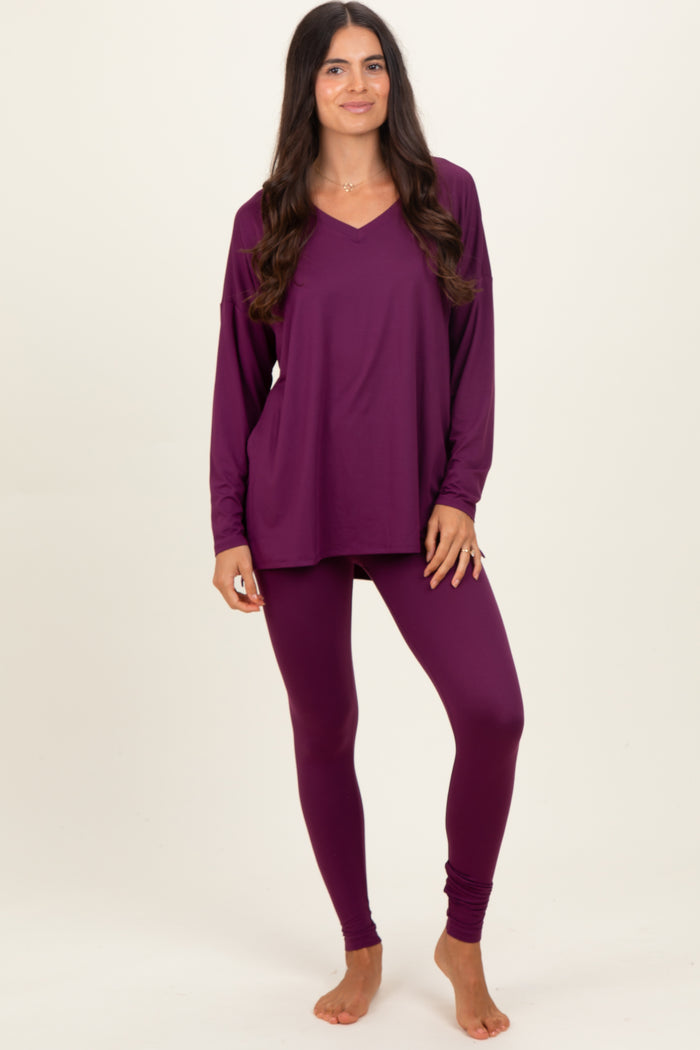 Plum Brushed Knit Maternity Oversized Top and Legging Set