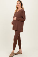 Brown Brushed Knit Maternity Oversized Top and Legging Set