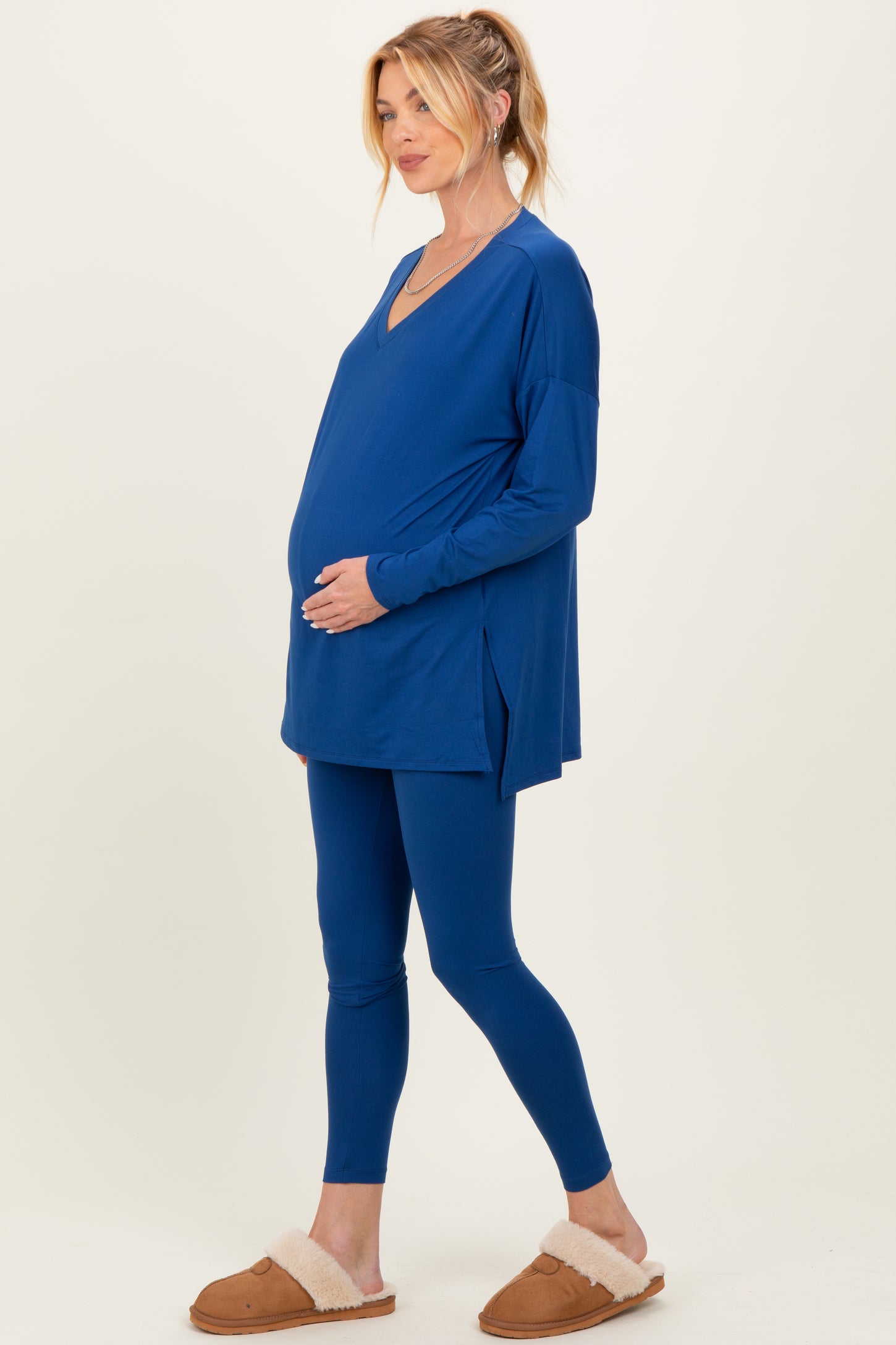 Navy Brushed Knit Maternity Oversized Top and Legging Set