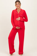 Red Button Down Top Wide Leg Pant Maternity Pajama Set