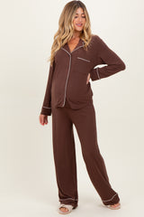 Brown Button Down Top Wide Leg Pant Maternity Pajama Set