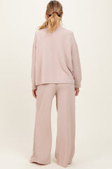 Beige Textured Rib Mock Neck Long Sleeve Pants Maternity Set