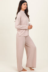Beige Textured Rib Mock Neck Long Sleeve Pants Set