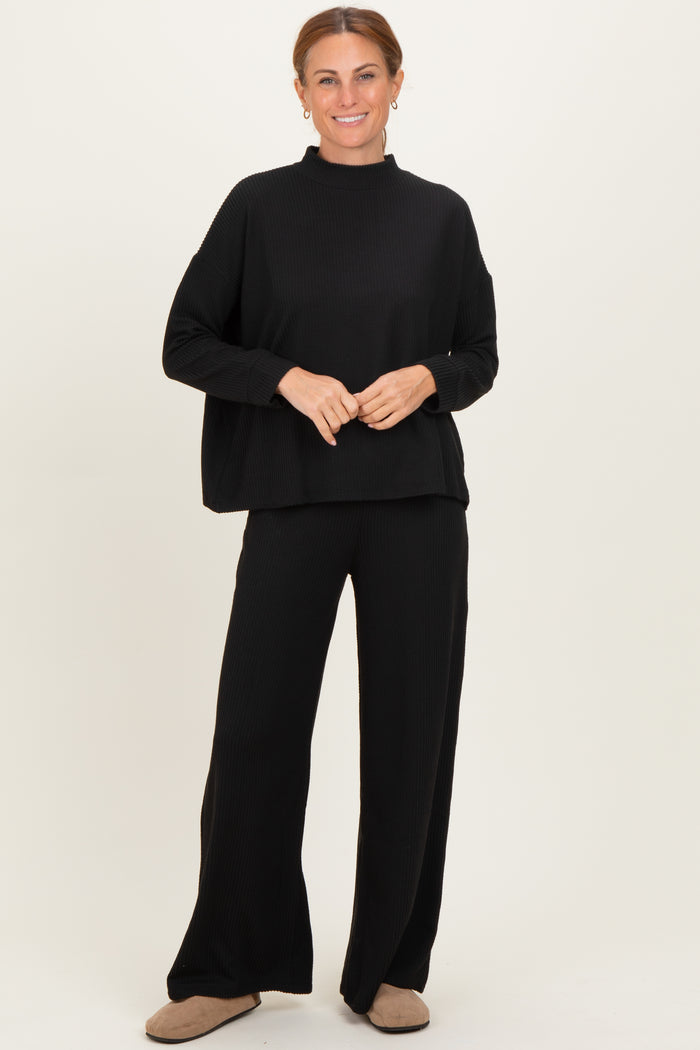 Black Textured Rib Mock Neck Long Sleeve Pants Set