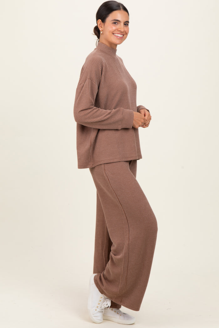 Mocha Textured Rib Mock Neck Long Sleeve Pants Set