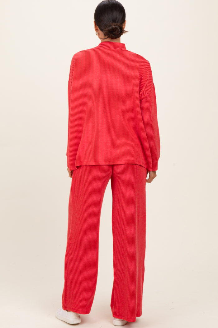 Red Textured Rib Mock Neck Long Sleeve Pants Set