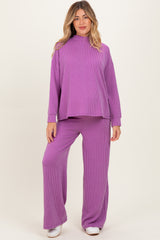 Lavender Textured Rib Mock Neck Long Sleeve Pants Maternity Set