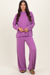 Lavender Textured Rib Mock Neck Long Sleeve Pants Maternity Set