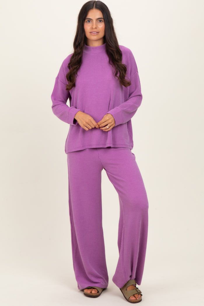 Lavender Textured Rib Mock Neck Long Sleeve Pants Maternity Set