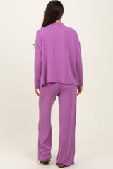 Lavender Textured Rib Mock Neck Long Sleeve Pants Set