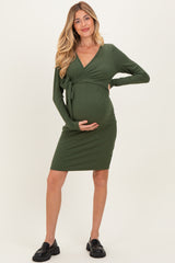 Olive Ribbed Long Sleeve V-Neck Wrap Maternity Midi Dress