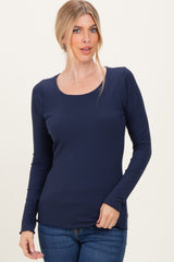 Navy Ribbed Long Sleeve Lettuce Trim Top