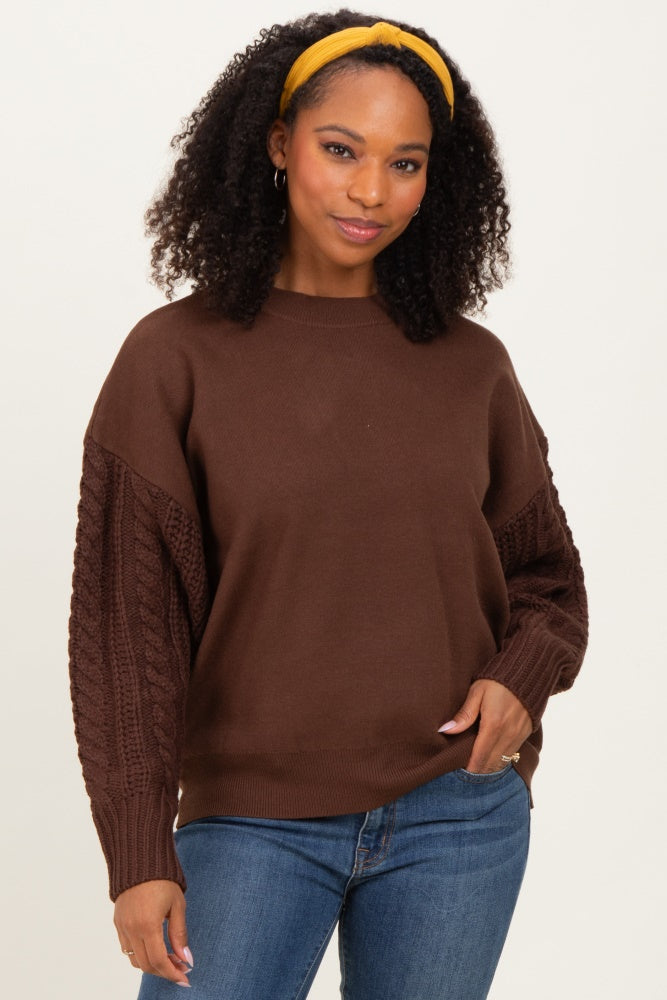 Brown Cable Knit Sleeve Round Neck Sweater
