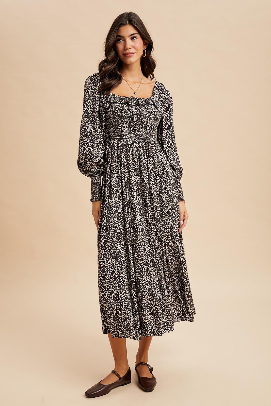 Navy Smocked Ruffled Floral Maternity Maxi Dress