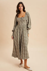Light Olive Smocked Ruffled Floral Maxi Dress