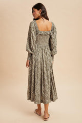 Light Olive Smocked Ruffled Floral Maxi Dress