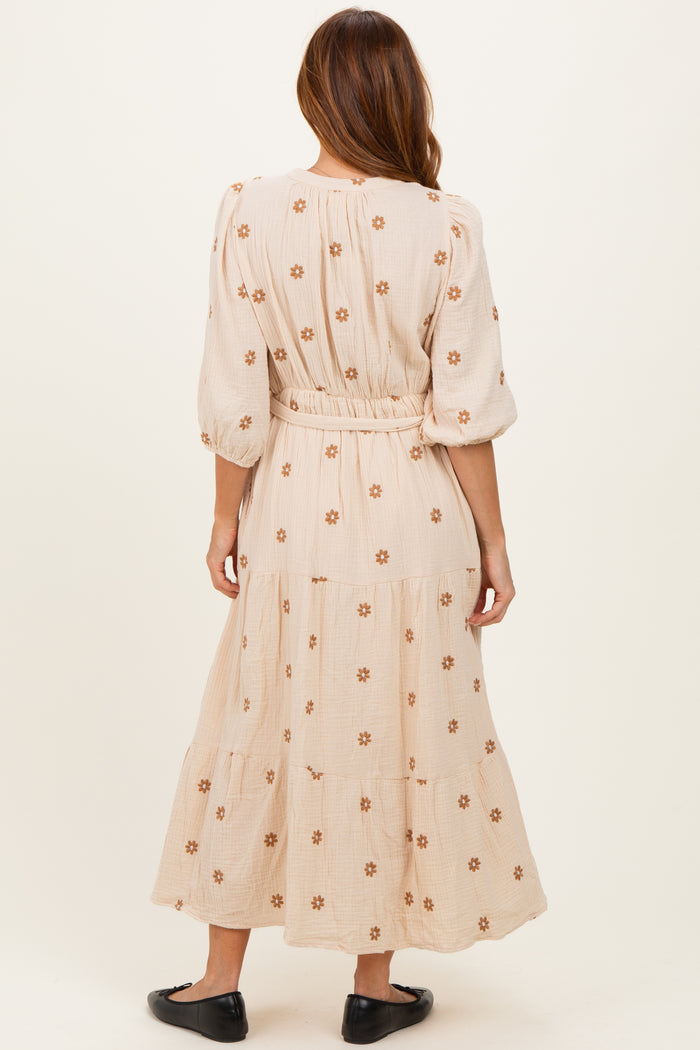 Brown Floral Cotton Gauze Tiered Midi Dress