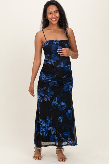 Black Floral Ruched Mesh Maternity Maxi Dress