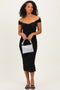 Black Off Shoulder Ruched Mesh Midi Dress