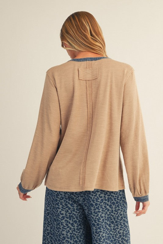 Mocha Rib Knit Casual Henley Top