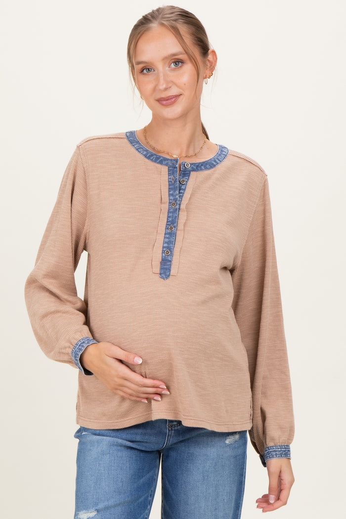 Mocha Rib Knit Casual Maternity Henley Top