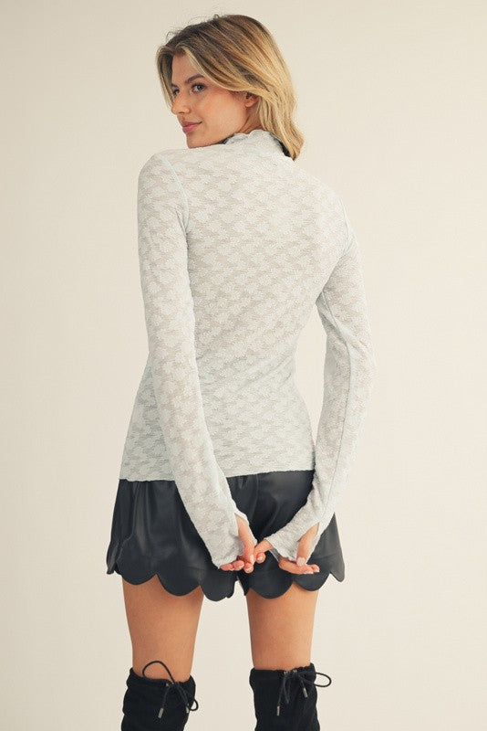 Light Blue Thumbhole Sleeves Mock Neck Lace Top