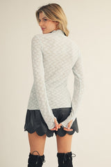 Light Blue Thumbhole Sleeves Mock Neck Lace Top