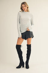 Light Blue Thumbhole Sleeves Mock Neck Lace Top